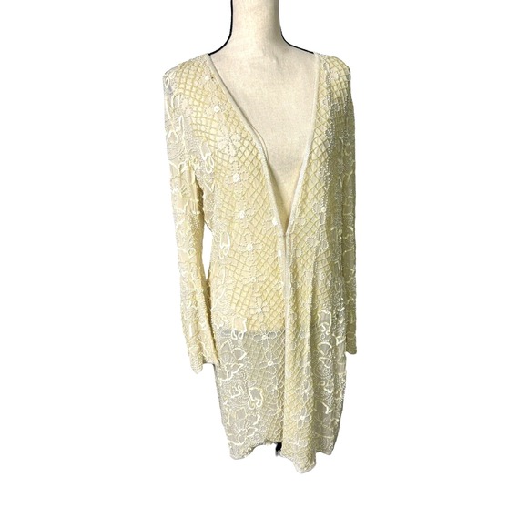 Vintage Nitline Della Roufagali Cardigan Large Beaded Sequins‎ Long Line Ivory - Picture 1 of 14